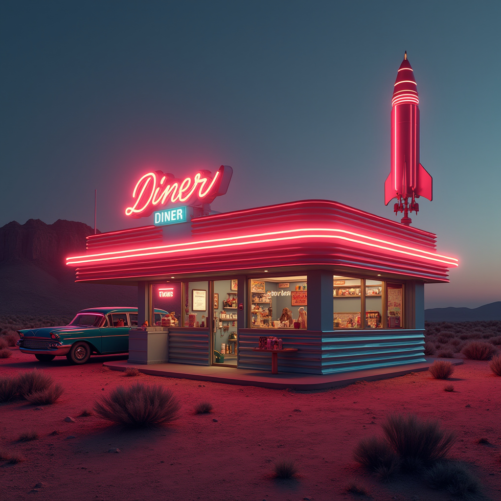space age retro diner on mars for the Midcentury Modern Blog. Neon Diner sign and rocket on top of the roof.