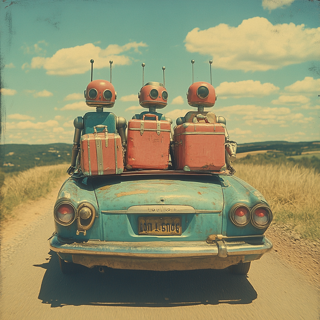 3 robots with suitcases on top of a light blue vintage car for the Retroverse - Midcentury Modern Blog
