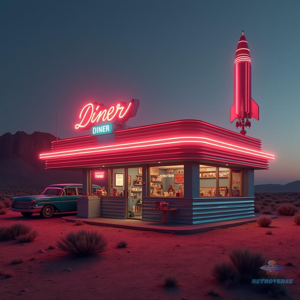 Retro-futuristic neon diner with rocket sign in the desert at night, midcentury modern style – Brian Richards Retroverse