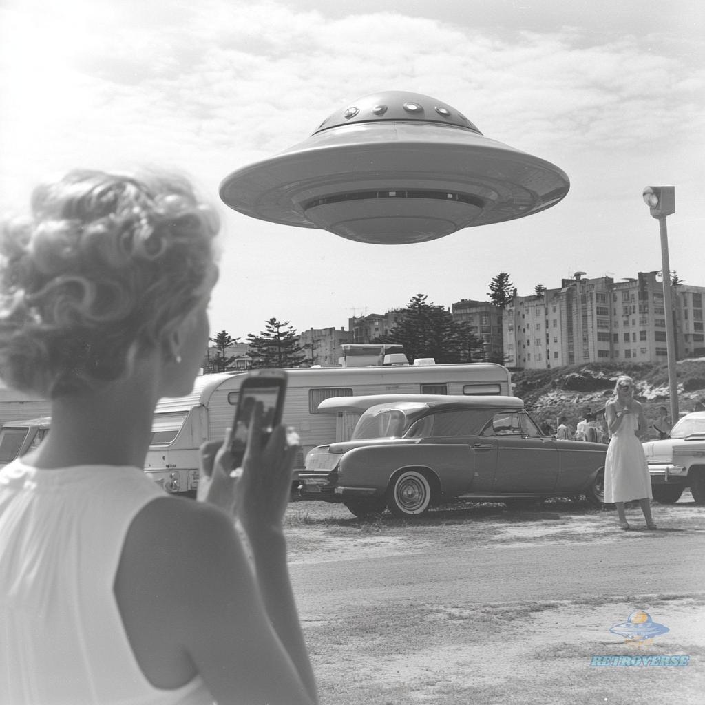 Black and white photo of a woman recording a ufo with her phone. Midcentury Modern Blog photo