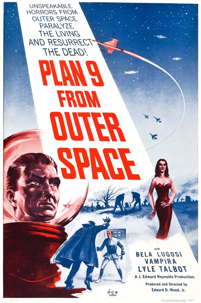 Plan 9 from Outer Space (1959) retro sci-fi movie poster featuring rockets and tagline about resurrecting the dead.