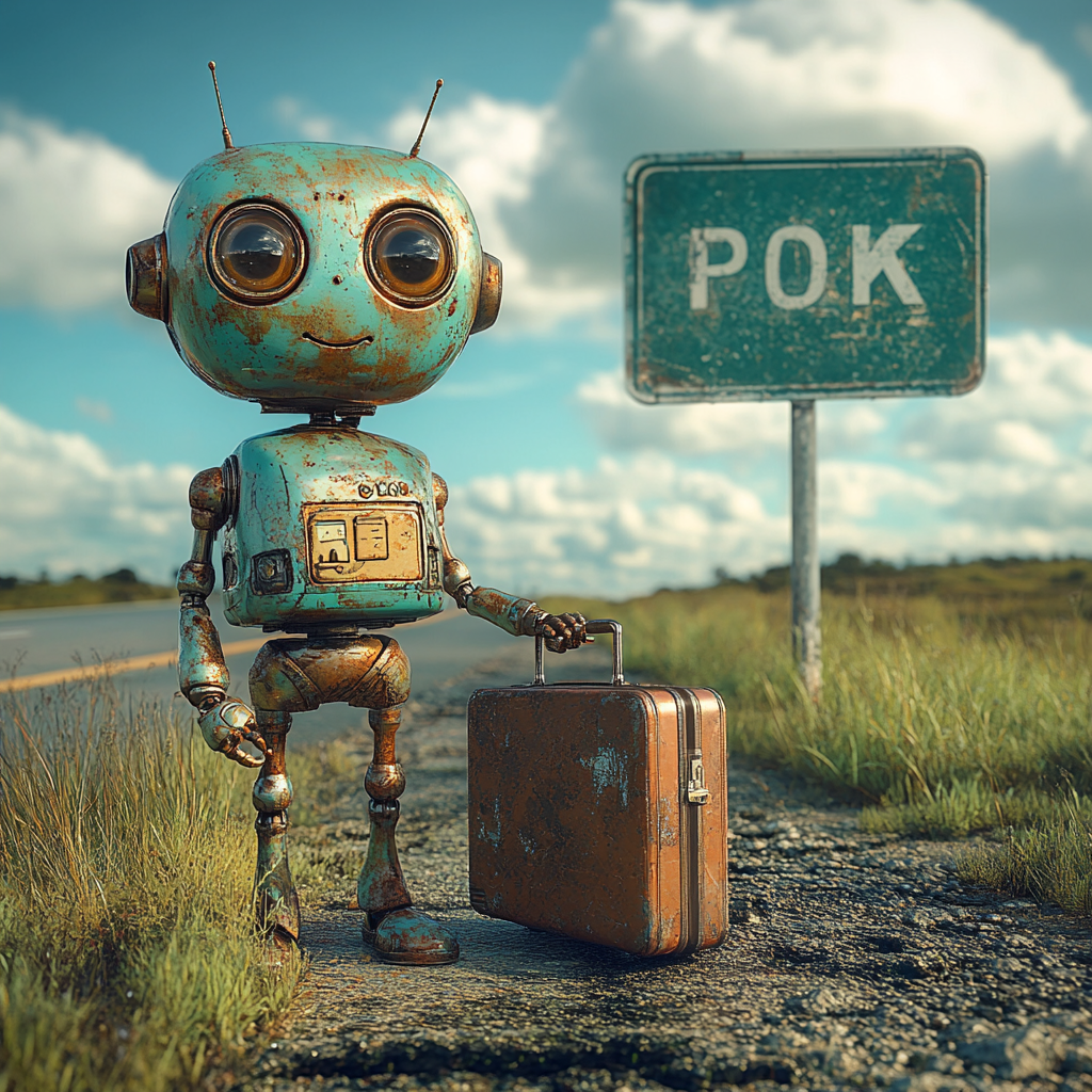 Midcentury Modern Blog Robot named POK on the side of a country road with an old suitcase visiting from the Retroverse.