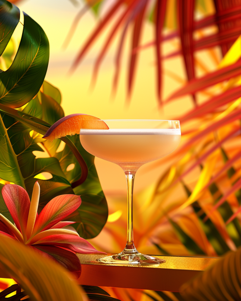 Midcentury coupe glass with frothy apricot sour cocktail, garnished with apricot slice, surrounded by tropical retro foliage and warm golden light.
