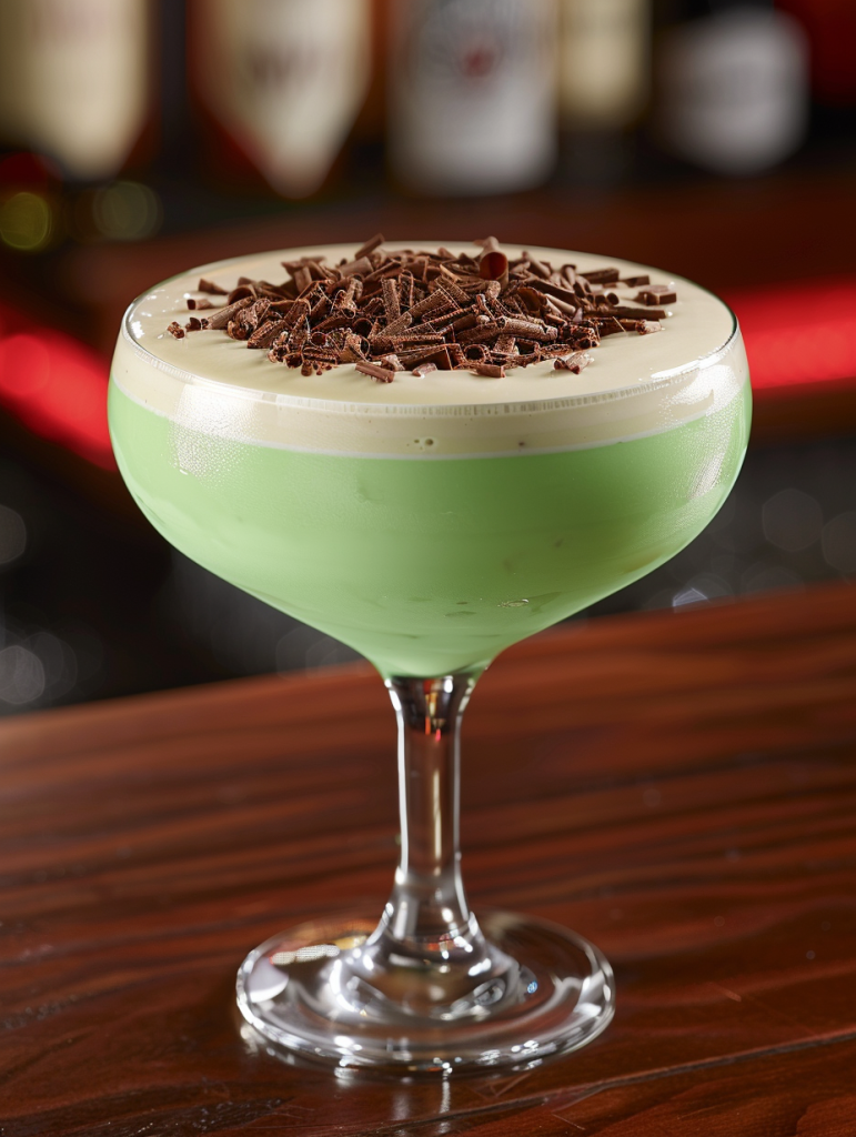 Vintage coupe glass filled with a mint-green Grasshopper cocktail, topped with a thick layer of cream and a generous sprinkle of chocolate shavings, set on a polished wooden bar with a blurred retro lounge background.