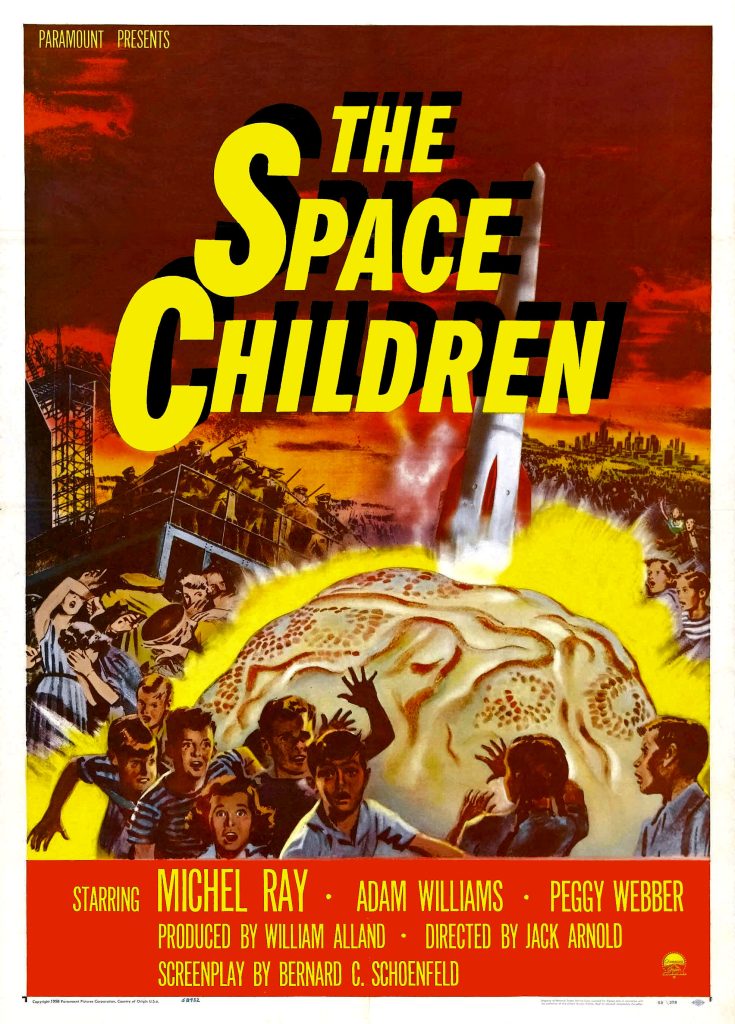 he Space Children (1958) movie poster featuring ghostly glowing children under alien influence, with dramatic typography and looming cosmic imagery