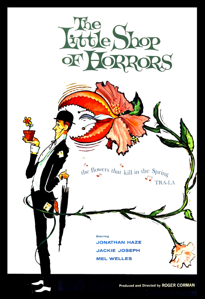 The Little Shop of Horrors (1960) original retro sci-fi movie poster featuring a cartoonish man in a suit holding a flower pot with a small monster plant, alongside the tagline ‘The funniest picture this year!