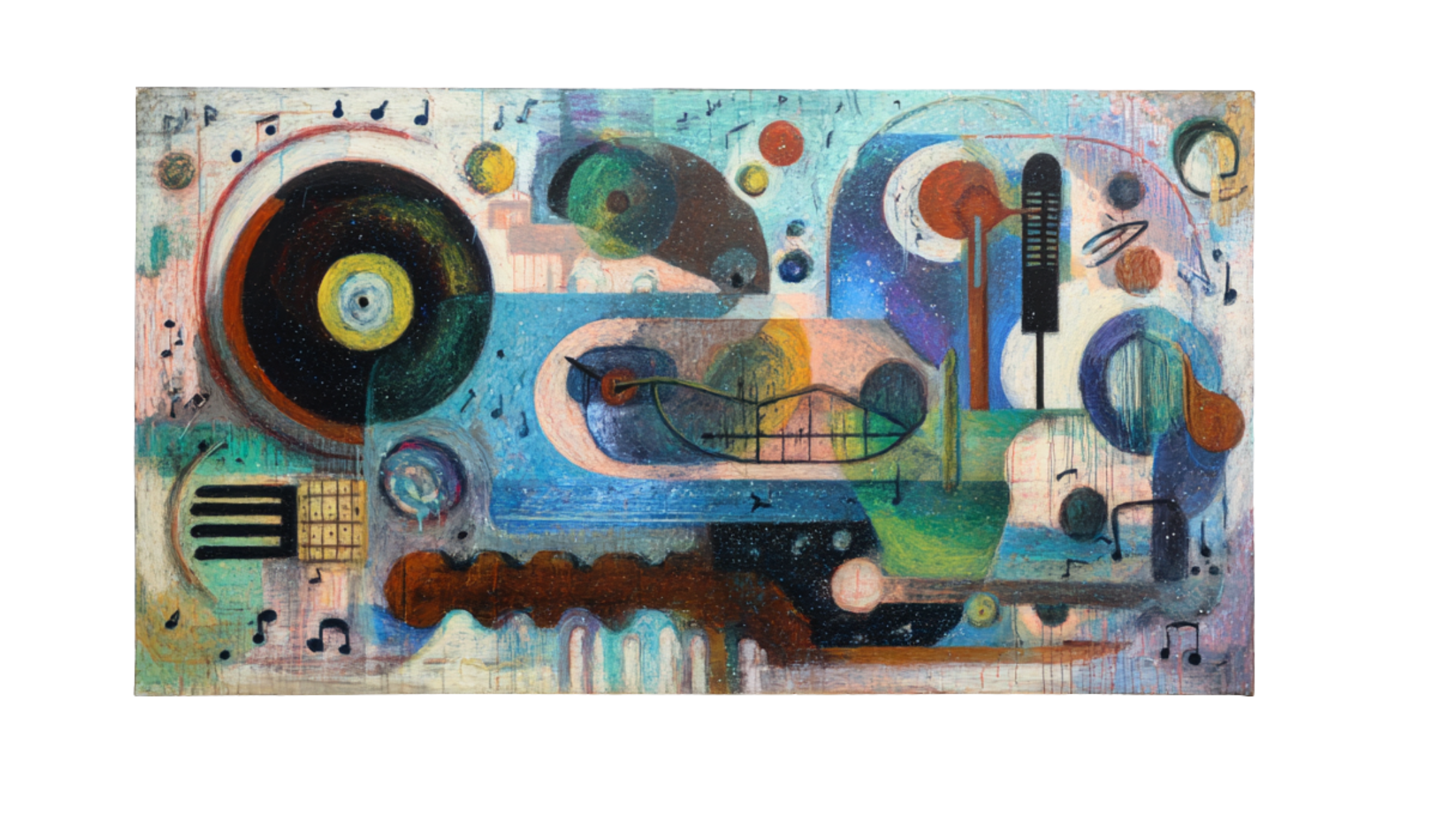 Abstract midcentury modern painting with musical notes, vinyl record, and retro-futuristic shapes in bold colors"