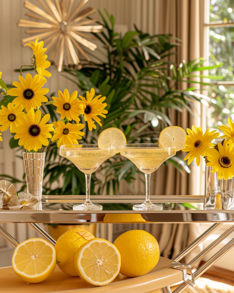 Sputnik Spritz – Atomic Age Cocktail Sunny atomic age cocktail scene with two champagne coupes filled with sparkling lemon elderflower spritz, set on a chrome bar cart with yellow flowers, midcentury modern style.