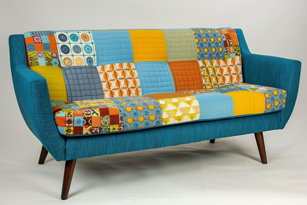 Colorful patchwork sofa with quilted panels in blue, orange, yellow, and retro geometric patterns.