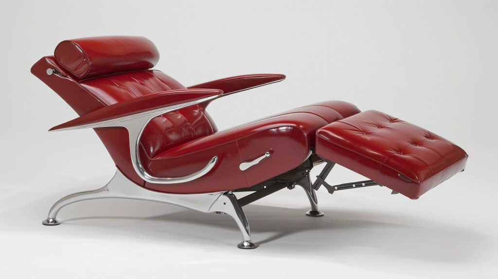 Red leather retro recliner with chrome sculpted arms and midcentury space-age design.