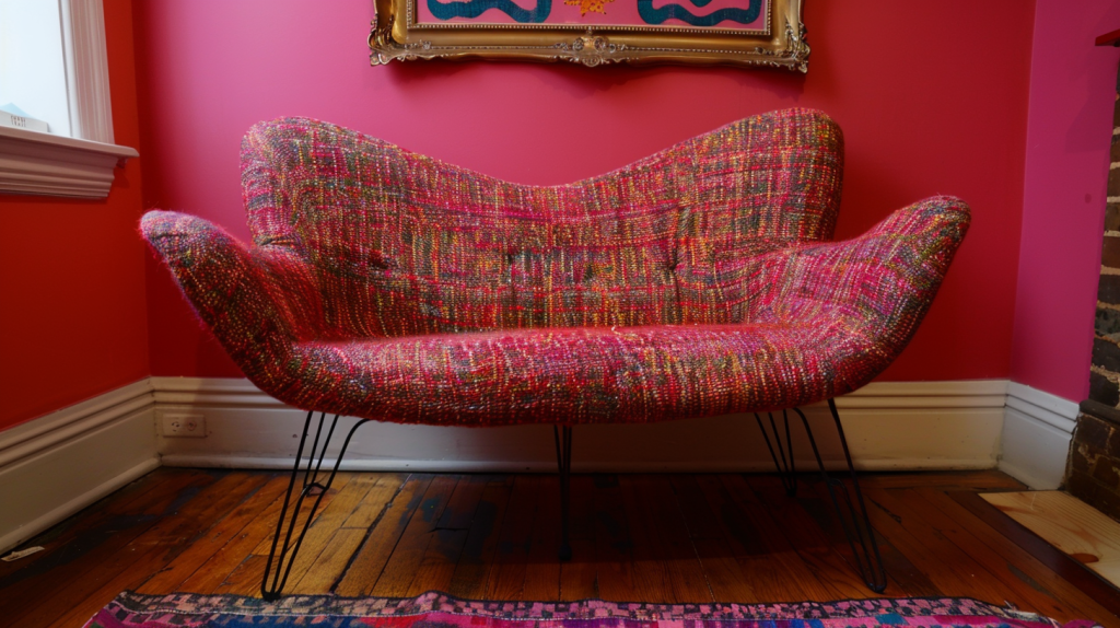 Atomic Era Capsule Couch with vibrant pink and orange tweed upholstery and sleek black hairpin legs.