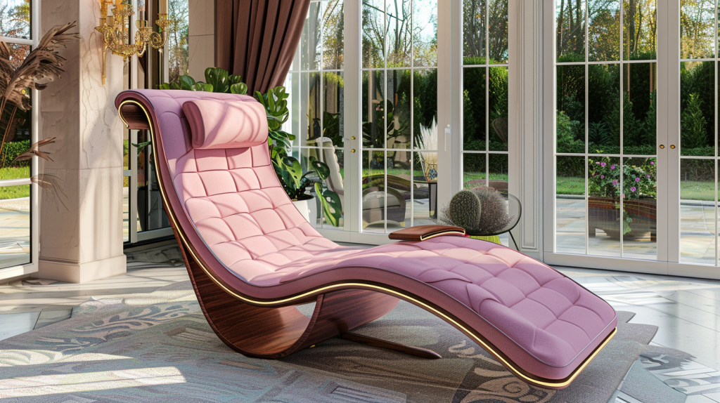 Eames-inspired chaise lounge in blush pink upholstery with sleek wooden curves, positioned in a sunlit, elegant living room.