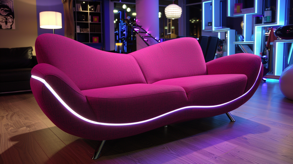 Magenta two-seater sofa with curved design, LED piping, and electric blue ambient lighting, perfect for retro lounge-style interiors.