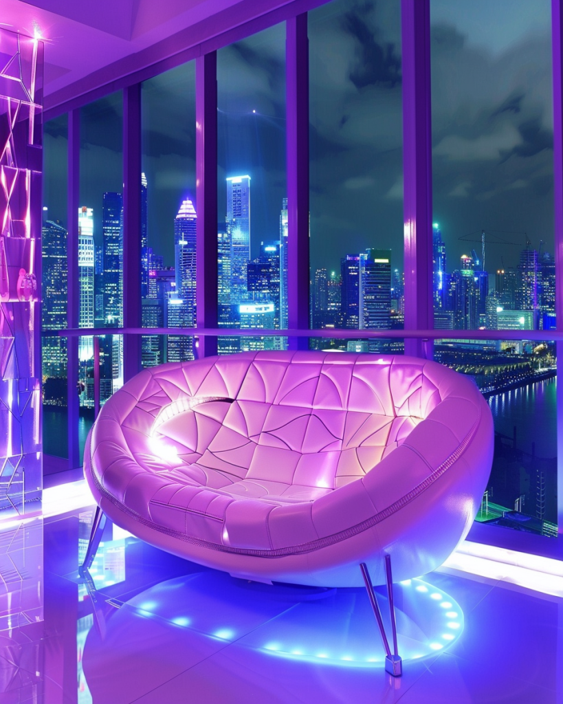Futuristic purple and white orbital lounger with bold curves and LED base lighting, inspired by retro space-age design.