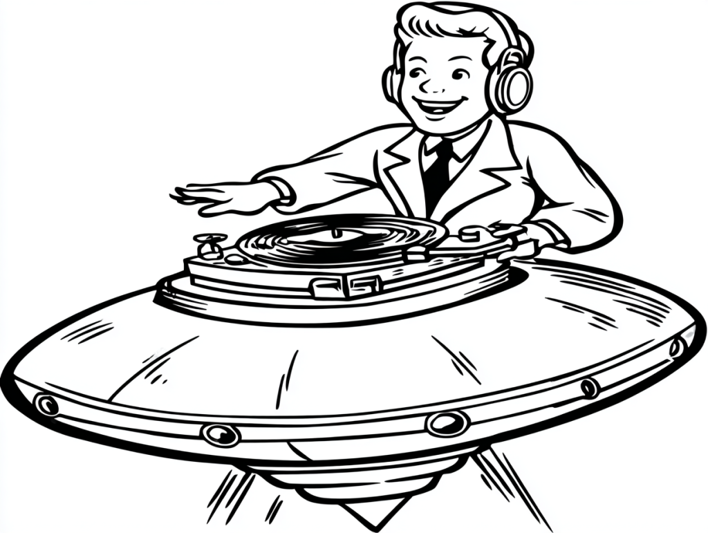 Retroverse FAQ illustration of a retro DJ mixing on a UFO turntable — symbolizing creativity, fun, and midcentury modern retro-futurism.