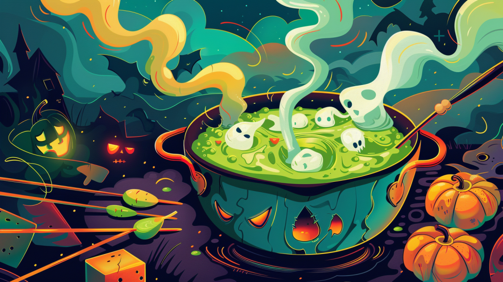 Retro-style Halloween fondue pot bubbling with bright green “slime” cheese dip, decorated with little ghost shapes and surrounded by pumpkins, bats, and spooky mist, in a 1960s retro cartoon illustration.